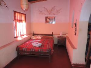 a bedroom with a bed in a room with pink walls at Hostel Waira in Tilcara