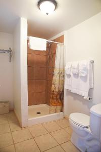 a bathroom with a shower with a toilet and towels at H&H Motor Lodge in Idaho Springs