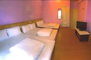 a room with two beds and a television at Shanputao Yi Zhan Homestay in Dawu