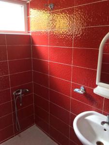 La salle de bains est pourvue de carrelage rouge, d'un lavabo et d'une fenêtre. dans l'établissement Guest House Shavnabada, à Ambrolaouri