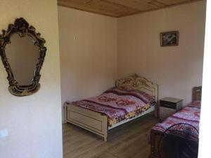 Schlafzimmer mit einem Bett und einem Wandspiegel in der Unterkunft Guest House Shavnabada in Ambrolauri