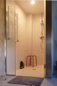 a shower with a red stool in a bathroom at Hostería de Curtidores in Estella