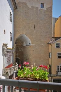 un balcone con vaso da fiori di fronte a un edificio di Casas do Arco a Coimbra