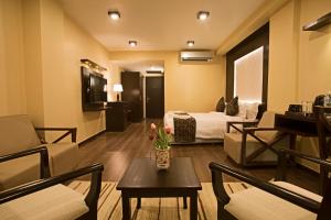 加德滿都的住宿－聯合商務酒店，酒店客房设有床和客厅。