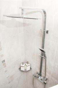 a bathroom with a shower with two engagement boxes at Carlingford Sea Cottage in Carlingford