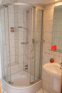 a shower with a glass door next to a sink at Wambacher Mühle in Schlangenbad