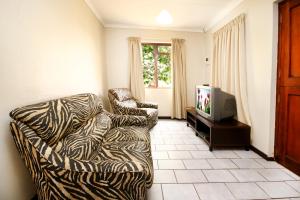 a living room with a couch and a television at Kweekkraal Guest Farm in Riversdale