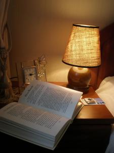 an open book on a table next to a lamp at Butterfly in Saint Petersburg