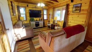 a living room with a couch and a television at Long View Cabin, Breakfast Deck overlooking the Canyon! in Monticello