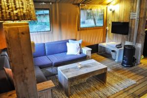 ein Wohnzimmer mit einer blauen Couch und einem Fernseher in der Unterkunft Glamping Heidekamp in Versmold