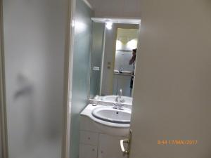 a bathroom with a sink and a mirror at Gênois 1 in Hourtin