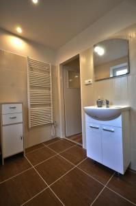 イェセニークにあるApartman Nad Laznemiのタイルフロアのバスルーム(白い洗面台付)