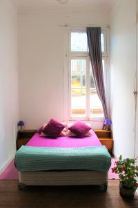 Schlafzimmer mit einem Bett vor einem Fenster in der Unterkunft Casa Volante Hostal in Valparaíso