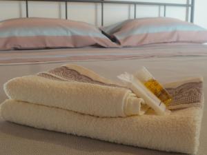 una pila de toallas sentadas encima de una cama en Vista Alpi Apuane, en Rometta
