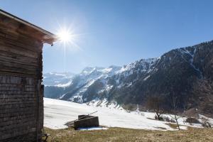 ラウリスにあるFerienhaus Tauernblickのキャビンから雪に覆われた山の景色を望めます。