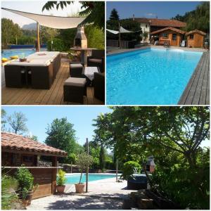 un collage de trois photos d'une piscine dans l'établissement Chambres d'hôtes St Jacques Adults only, à Saint-Lizier