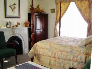 Schlafzimmer mit einem Bett, einem Kamin und einem Fenster in der Unterkunft The Historic Mansion in New Haven