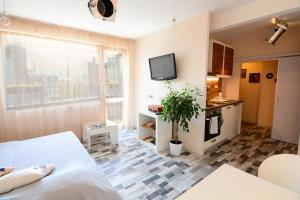 ソフィアにあるJazzy Sofia Downtown Apartmentのベッド、テレビ、窓が備わる客室です。