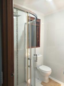 a bathroom with a toilet and a glass shower at Waterfront Retreat in Carrum
