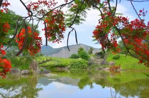 una pintura de un estanque con una montaña en el fondo en Garden Rose Homestay, en Taitung