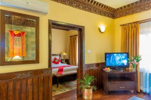 a living room with a tv and a mirror at Hotel Tibet International in Kathmandu