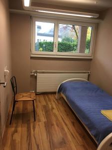 a bedroom with a bed and a window at Apartments in Leafy Suburb in Kehrsatz