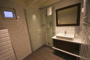 een badkamer met een douche, een wastafel en een spiegel bij Bleik Sea Cabins in Bleik