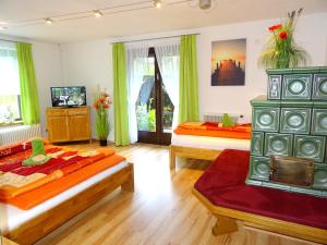 ホッホフィルツェンにあるFerienwohnung Mitterherzogの緑のカーテンが備わる客室のベッド2台