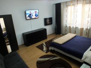 - une chambre avec un lit et une télévision murale dans l'établissement Casa Aurora, à Turda