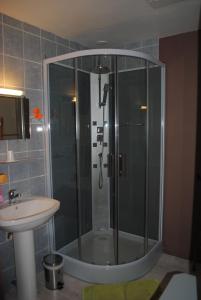 a bathroom with a shower and a sink at La Poussardiere in Saint-Martin-sous-Mouzeuil