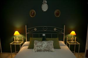 1 dormitorio con 1 cama con paredes verdes y 2 lámparas en Casa Rural La Biblioteca, en Almagro