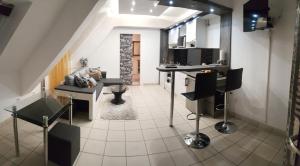 een kamer met een keuken en een woonkamer bij Főnix de Lux Apartman in Debrecen