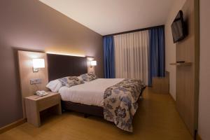 Habitación de hotel con cama y TV en Hotel Valentin en Aguilar de Campóo
