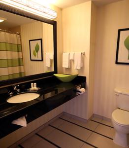 a bathroom with a toilet, sink and mirror at Fairfield Inn and Suites White River Junction in White River Junction