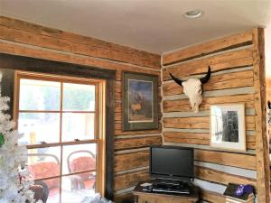 a room with wooden walls with a television and a bull skull on the wall at Schoolhouse Cabin in Gardiner