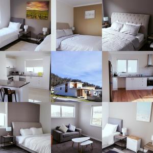 a collage of photos of a bedroom and a living room at Dreamcatcher@Bicheno in Bicheno