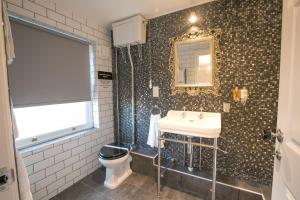 a bathroom with a sink and a toilet and a mirror at Apartments at No 10 The Abbey in Norwich