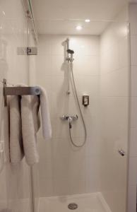 a bathroom with a shower and a towel rack at Le Gouverneur Hotel in Obernai