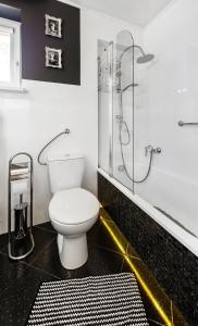 コシチェリスコにあるApartament Rodzinnyのバスルーム(トイレ、ガラス張りのシャワー付)