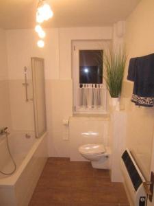 a bathroom with a toilet and a tub and a window at Stefan Appel in Börßum