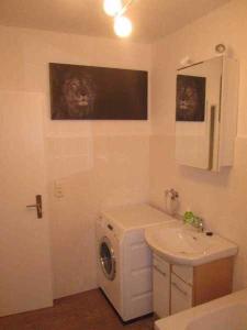 a bathroom with a washing machine and a sink at Stefan Appel in Börßum