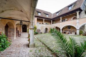 un cortile vuoto di un vecchio edificio con piante di Geyer-Schloss Reinsbronn a Creglingen