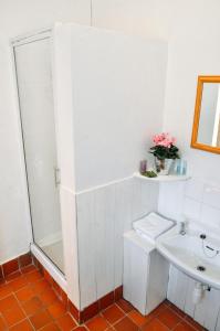 ein weißes Badezimmer mit Dusche und Waschbecken in der Unterkunft Aqueduct Cottage in Llanover + 20 Fotos