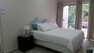 a bedroom with a bed with blue pillows and a window at Porpoise Lodge in Richards Bay