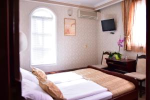 a bedroom with a bed and a window and a tv at Garni Hotel Lav in Belgrade