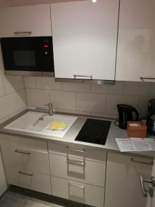 a kitchen counter with a stove and a microwave at Köln Appartement in Cologne