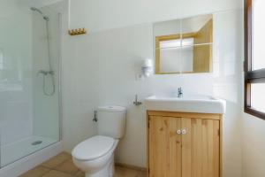 uma casa de banho com um WC, um lavatório e um chuveiro em Camping Selva de Oza em Valle de Hecho
