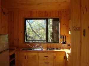 una cocina con fregadero y una ventana en una cabaña en Lodge Punahue, en Choshuenco
