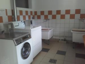 a bathroom with a washing machine and a sink at Gîte de montagne du Plateau de Lhers in Accous