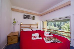 ein Schlafzimmer mit einem roten Bett und einem Fenster in der Unterkunft Résidence Grand Roc - Campanules 112 - Happy Rentals in Chamonix-Mont-Blanc